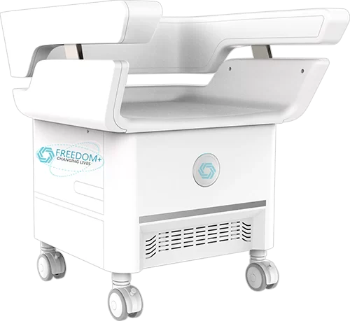Modern medical device on wheels with a white exterior and control panel.