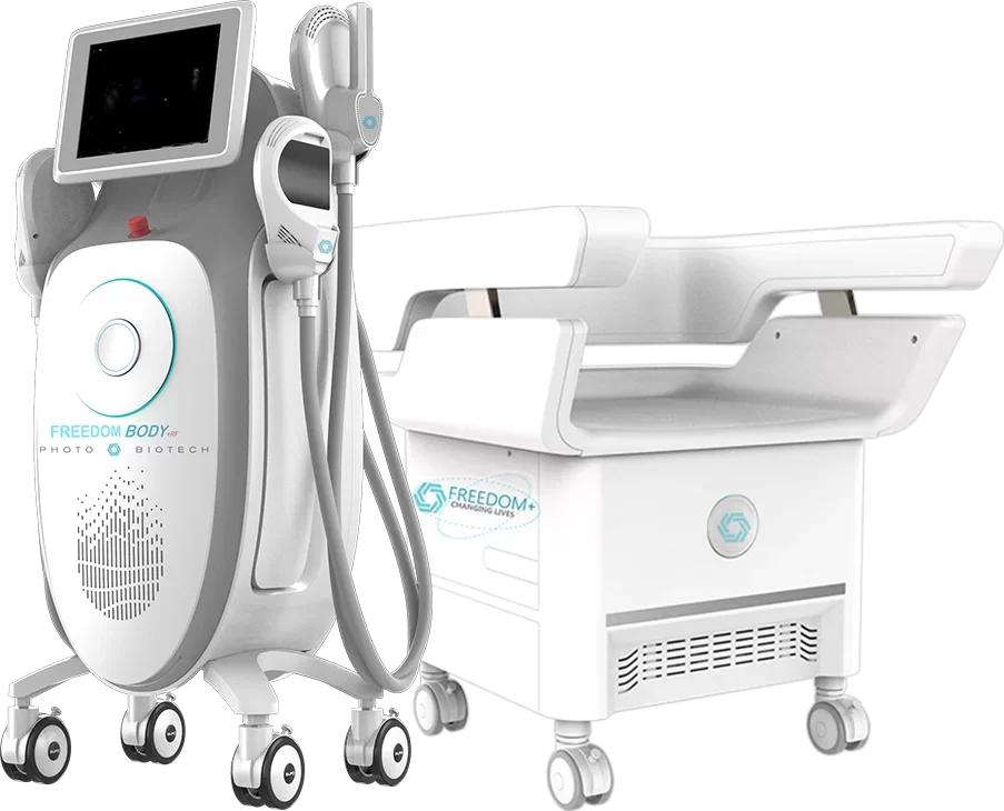 Modern aesthetic medical equipment on wheels for skin treatments.