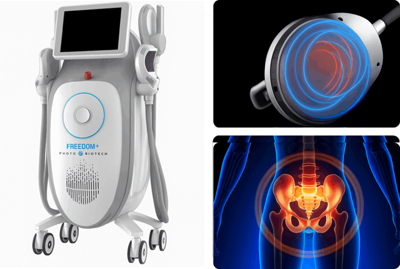 Medical device with pelvic treatment illustration.